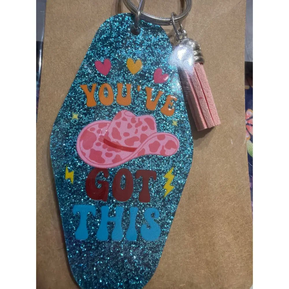 You've Got This Blue Glitter & Pink Tassel Vintage Hotel Motel Keychain Handmade